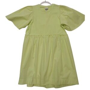 A New Day Dress Woman's M Green Neon Pleated‎ Short Bell Sleeve Crew Neck Mini
